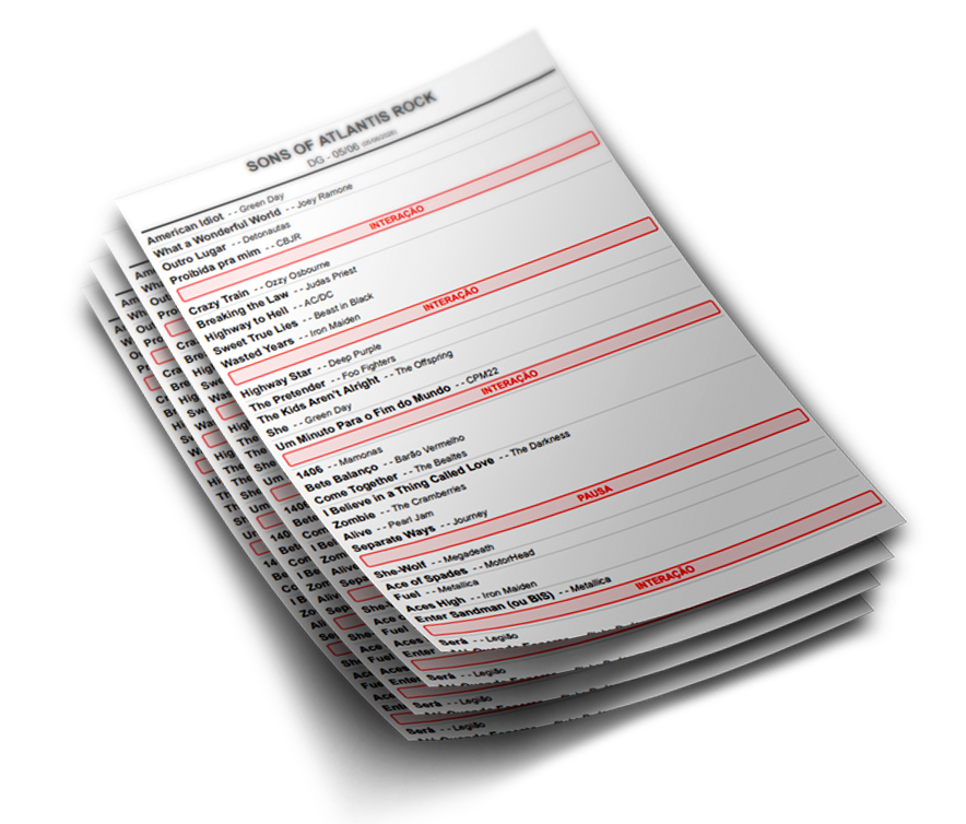 Setlists impressas em folhas A4